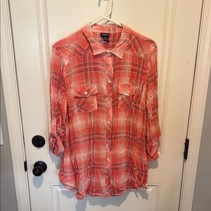 Coral Plaid Button-Up Shirt